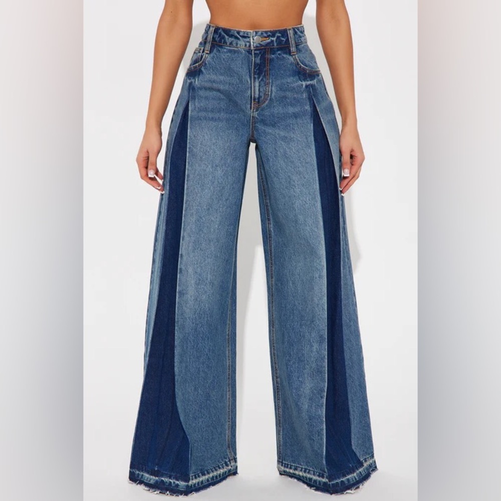 Wide Leg Two-Tone Blue Jeans for Women